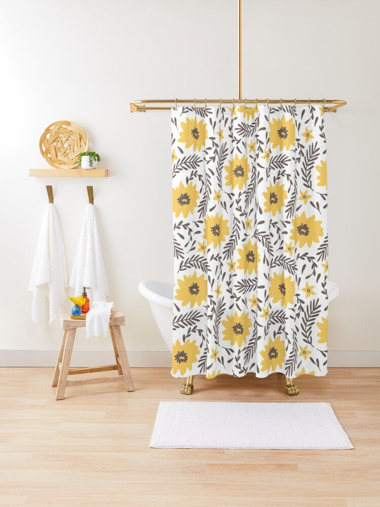 Art 2024 Deco Shower Curtain | Modern Bathroom | Botanical Print | Yellow Shower Curtain